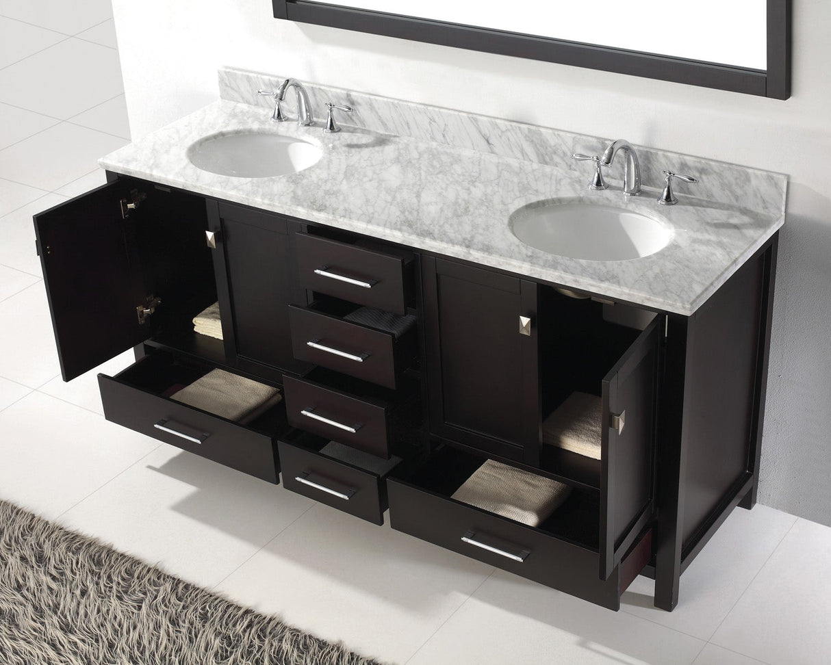 Virtu USA Caroline Avenue 72" Double Bath Vanity with White Marble Top and Round Sinks with Brushed Nickel Faucets with Matching Mirror