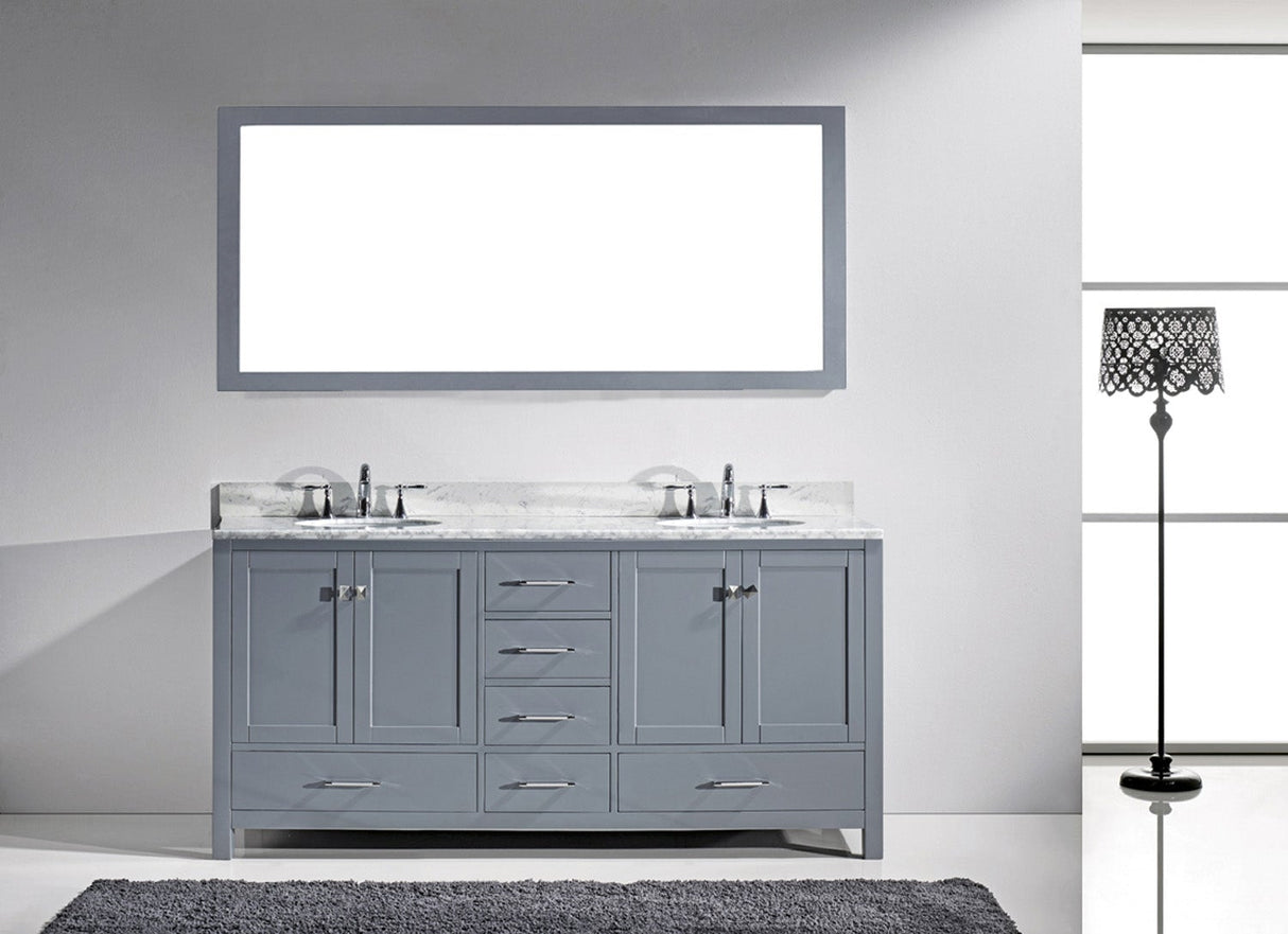 Virtu USA Caroline Avenue 72" Double Bath Vanity with White Marble Top and Round Sinks with Brushed Nickel Faucets with Matching Mirror