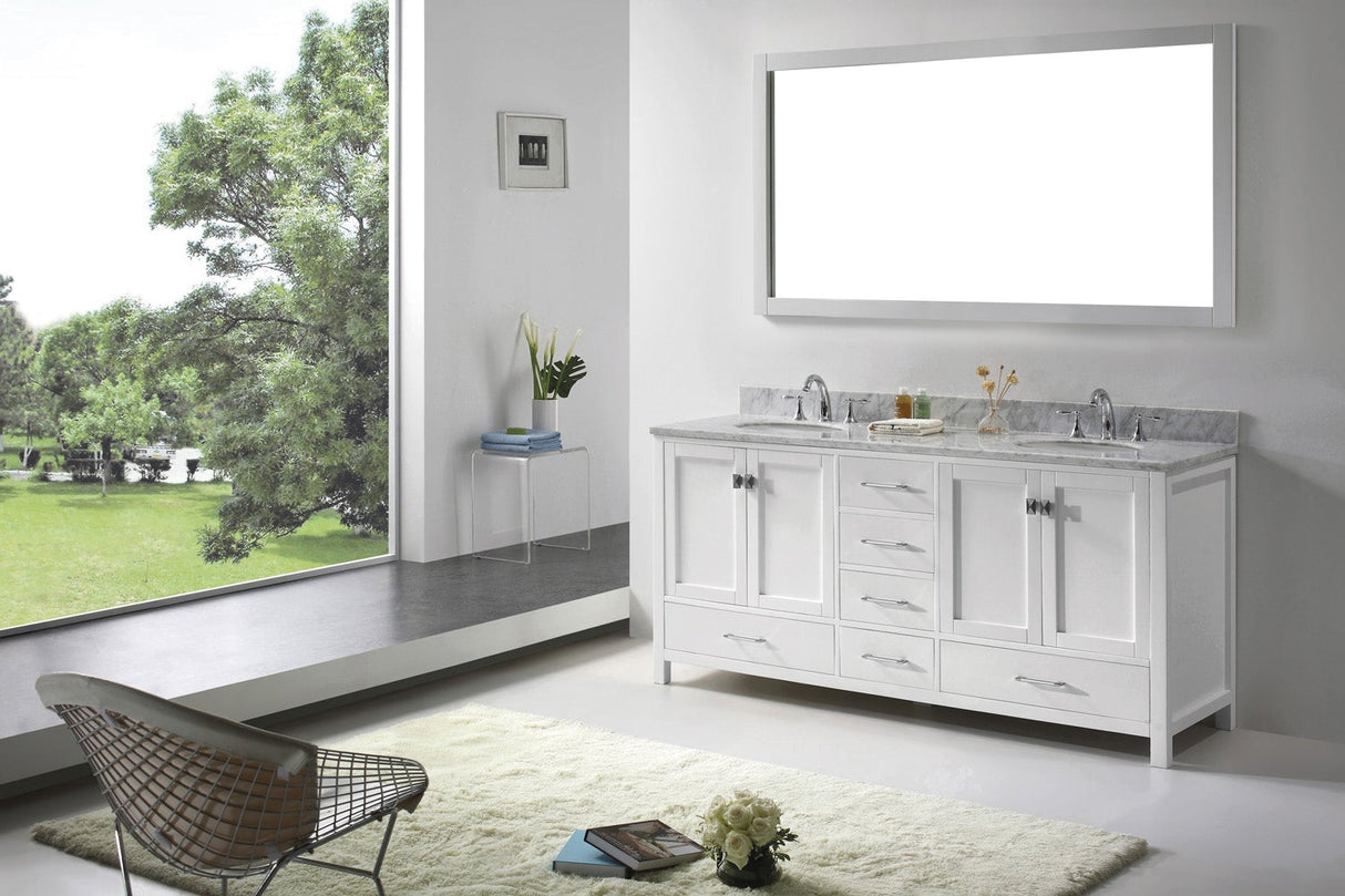 Virtu USA Caroline Avenue 72" Double Bath Vanity with White Marble Top and Round Sinks with Brushed Nickel Faucets with Matching Mirror