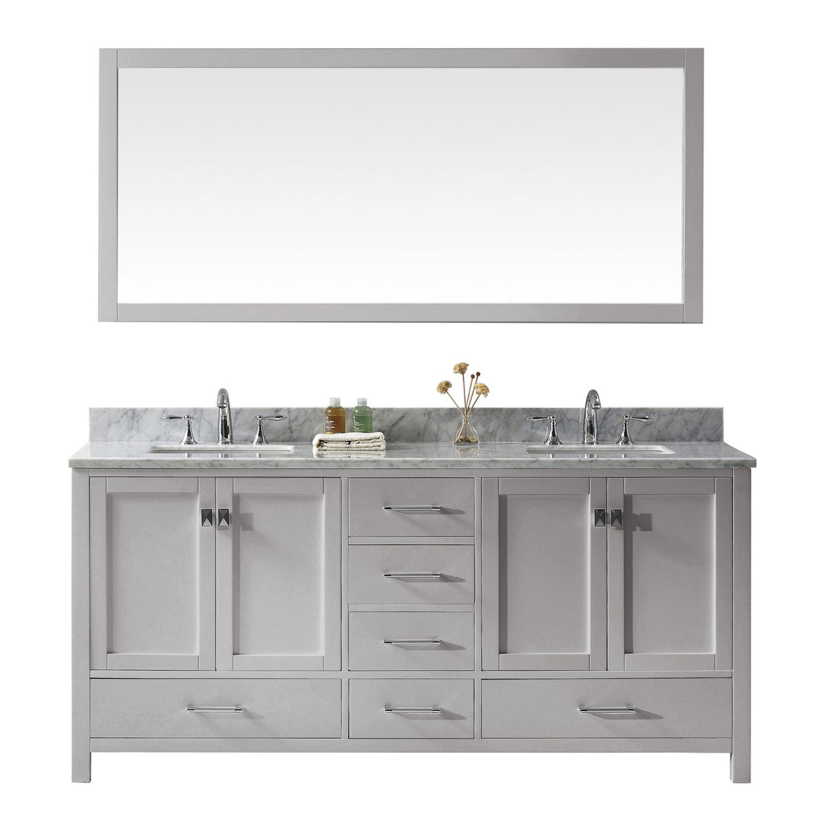 Virtu USA Caroline Avenue 72" Double Bath Vanity with Marble Top and Square Sink with Polished Chrome Faucet and Mirror - Luxe Bathroom Vanities Luxury Bathroom Fixtures Bathroom Furniture