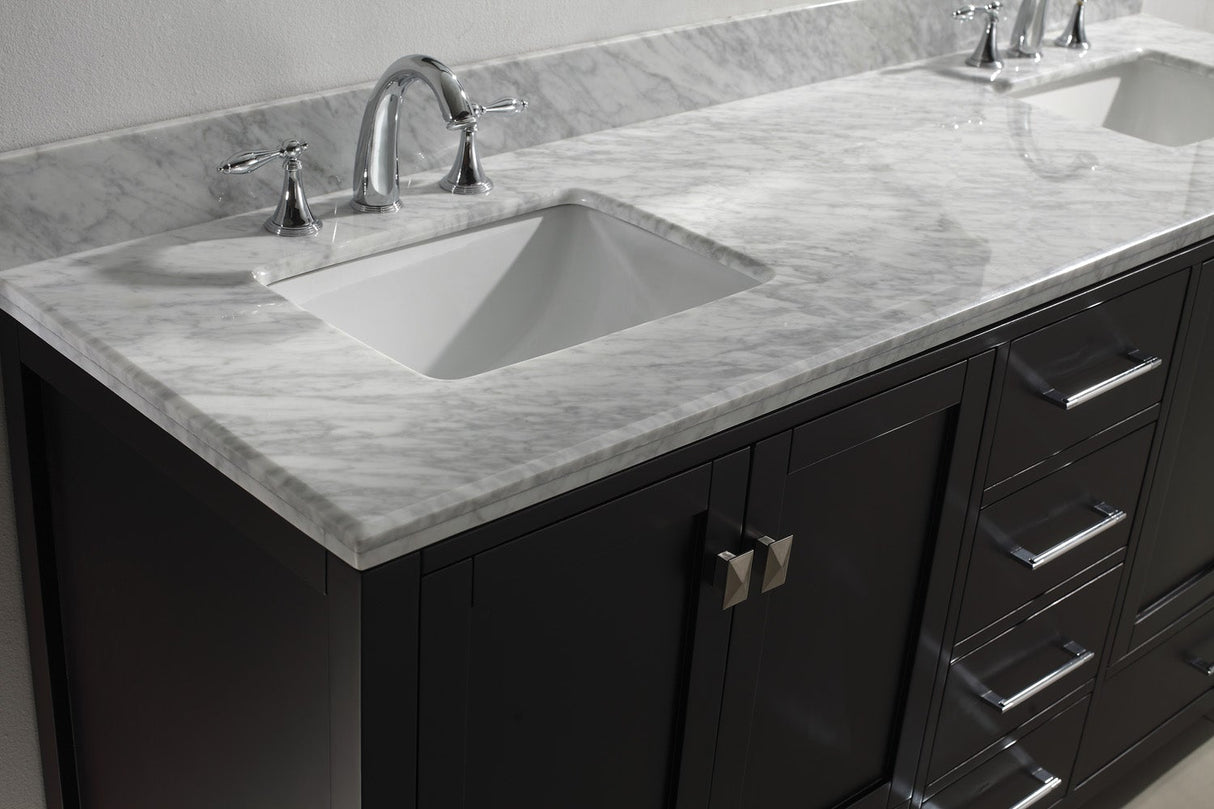 Virtu USA Caroline Avenue 72" Double Bath Vanity with White Marble Top and Square Sinks with Polished Chrome Faucets with Matching Mirror