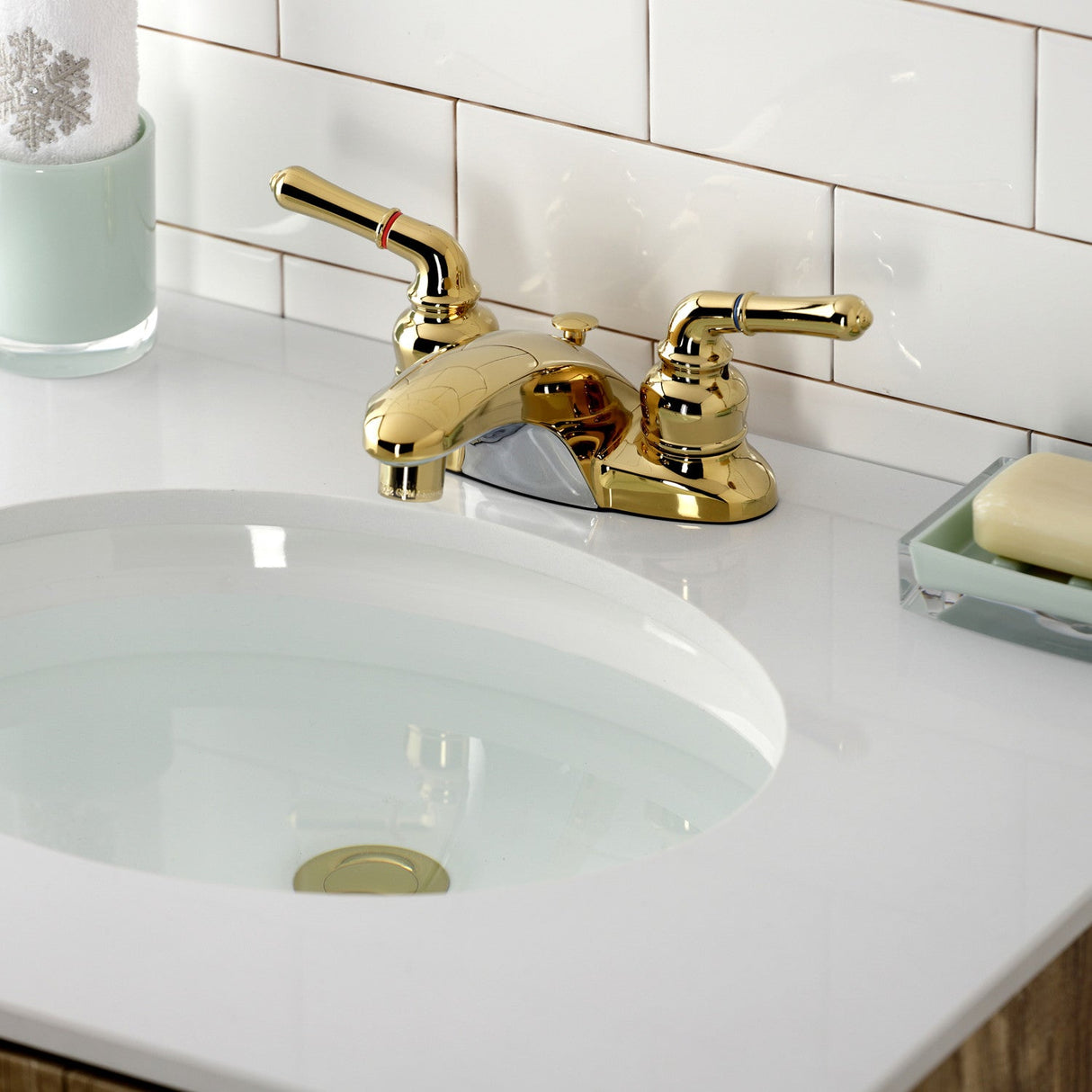 Magellan GKB622 Two-Handle 3-Hole Deck Mount 4" Centerset Bathroom Faucet with Plastic Pop-Up, Polished Brass