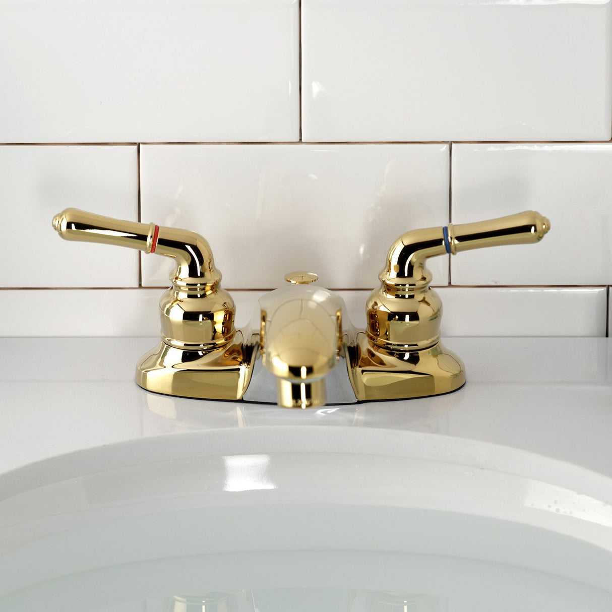 Magellan GKB622 Two-Handle 3-Hole Deck Mount 4" Centerset Bathroom Faucet with Plastic Pop-Up, Polished Brass