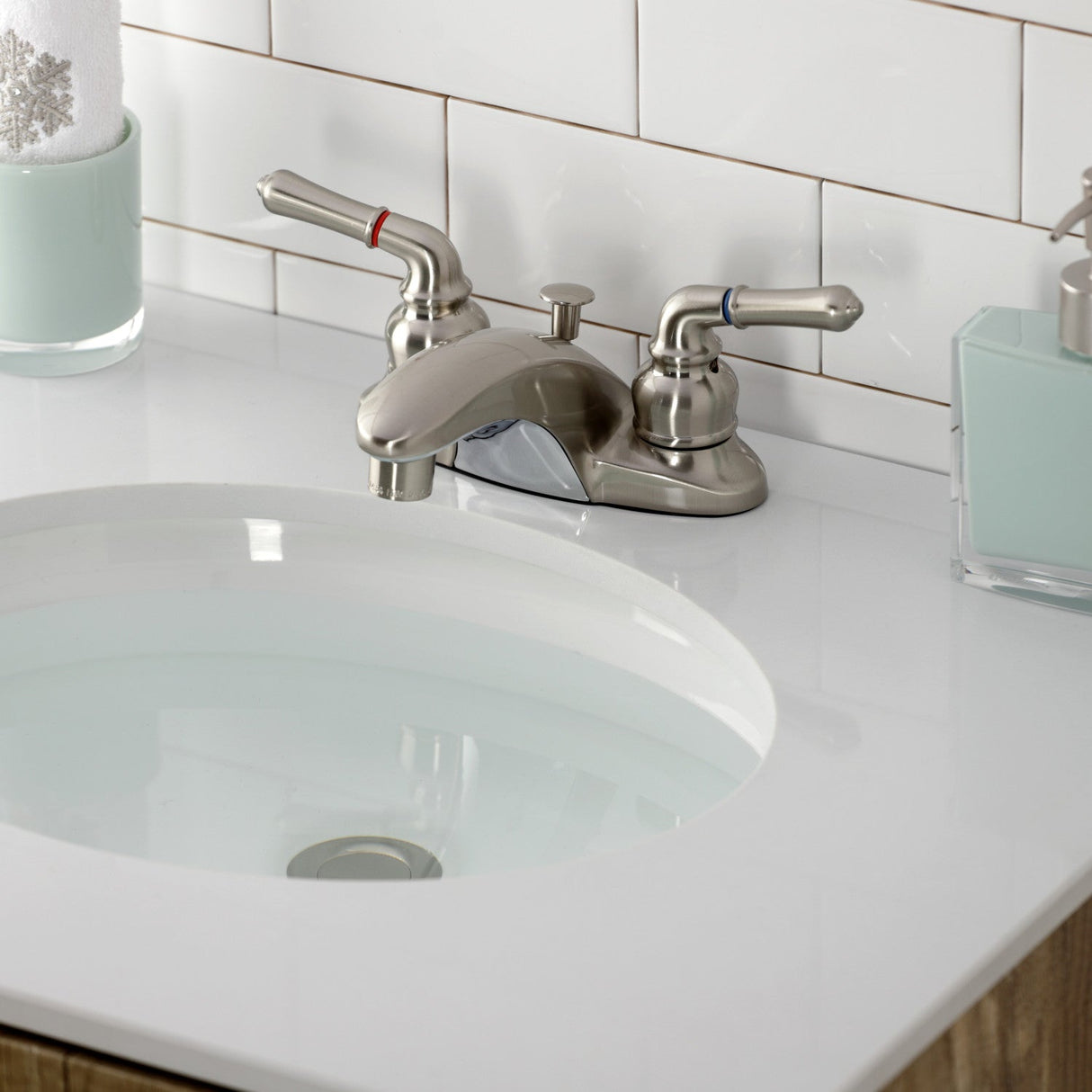 Magellan GKB628 Two-Handle 3-Hole Deck Mount 4" Centerset Bathroom Faucet with Plastic Pop-Up, Brushed Nickel