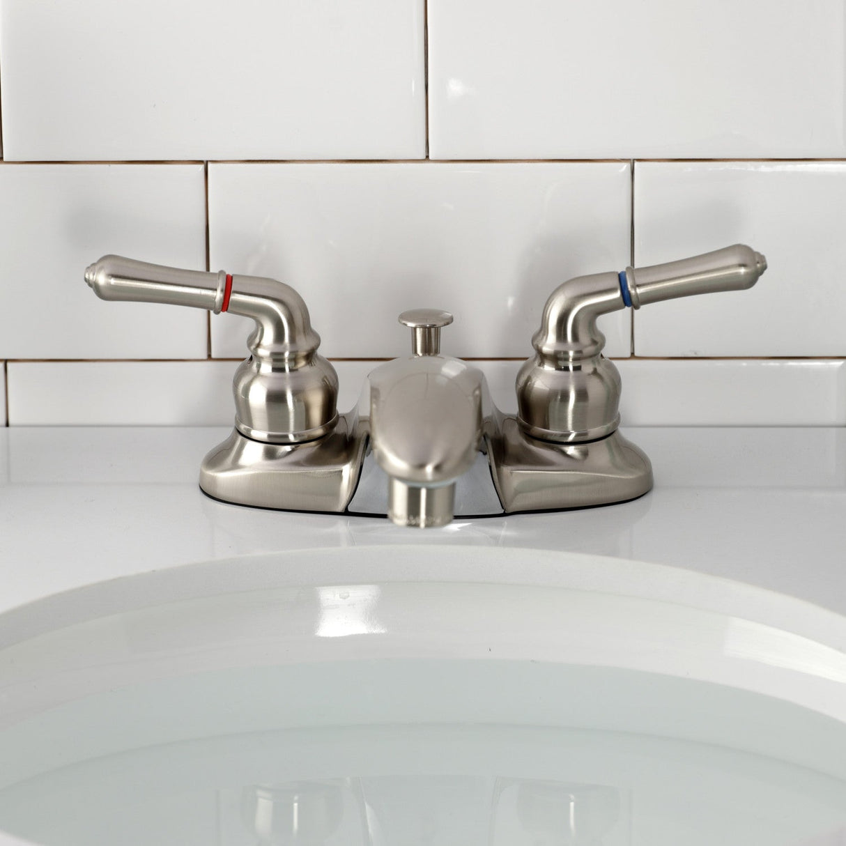 Magellan GKB628 Two-Handle 3-Hole Deck Mount 4" Centerset Bathroom Faucet with Plastic Pop-Up, Brushed Nickel