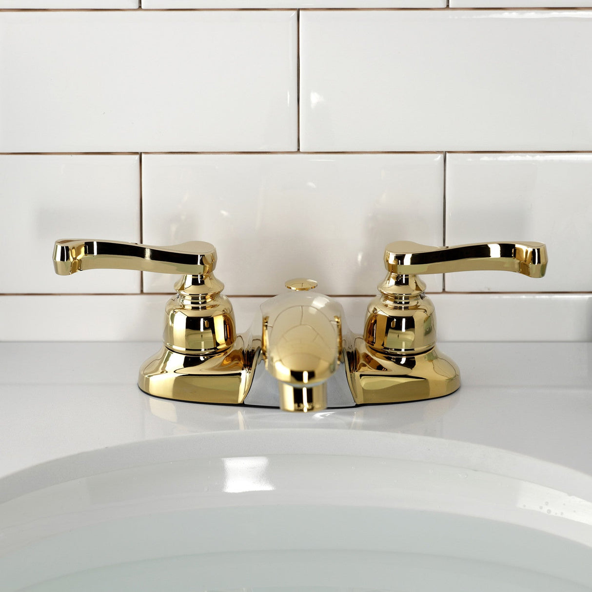 Royale GKB8622FL Two-Handle 3-Hole Deck Mount 4" Centerset Bathroom Faucet with Plastic Pop-Up, Polished Brass