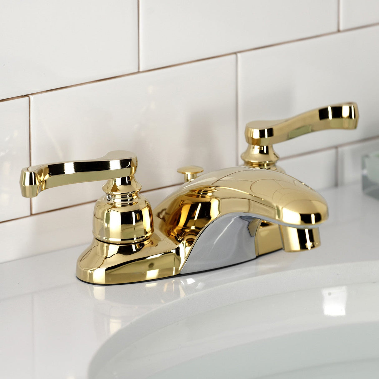Royale GKB8622FL Two-Handle 3-Hole Deck Mount 4" Centerset Bathroom Faucet with Plastic Pop-Up, Polished Brass