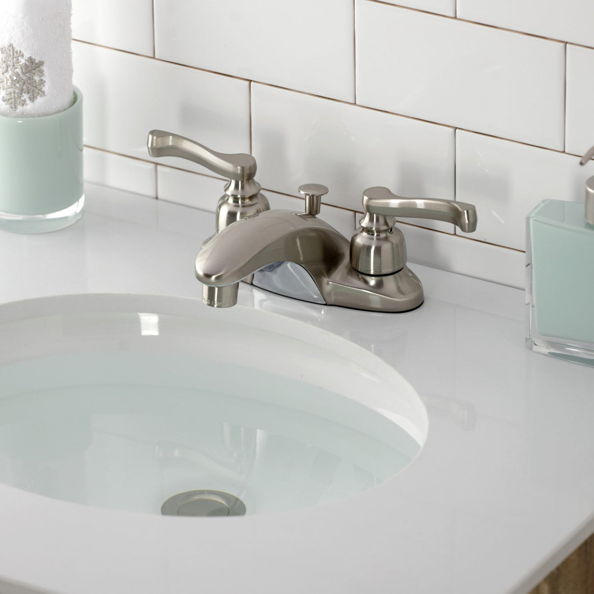 Royale GKB8628FL Two-Handle 3-Hole Deck Mount 4" Centerset Bathroom Faucet with Plastic Pop-Up, Brushed Nickel