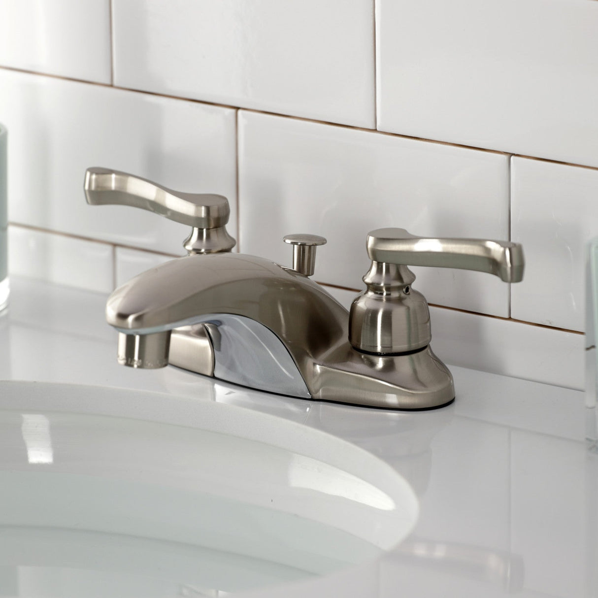 Royale GKB8628FL Two-Handle 3-Hole Deck Mount 4" Centerset Bathroom Faucet with Plastic Pop-Up, Brushed Nickel