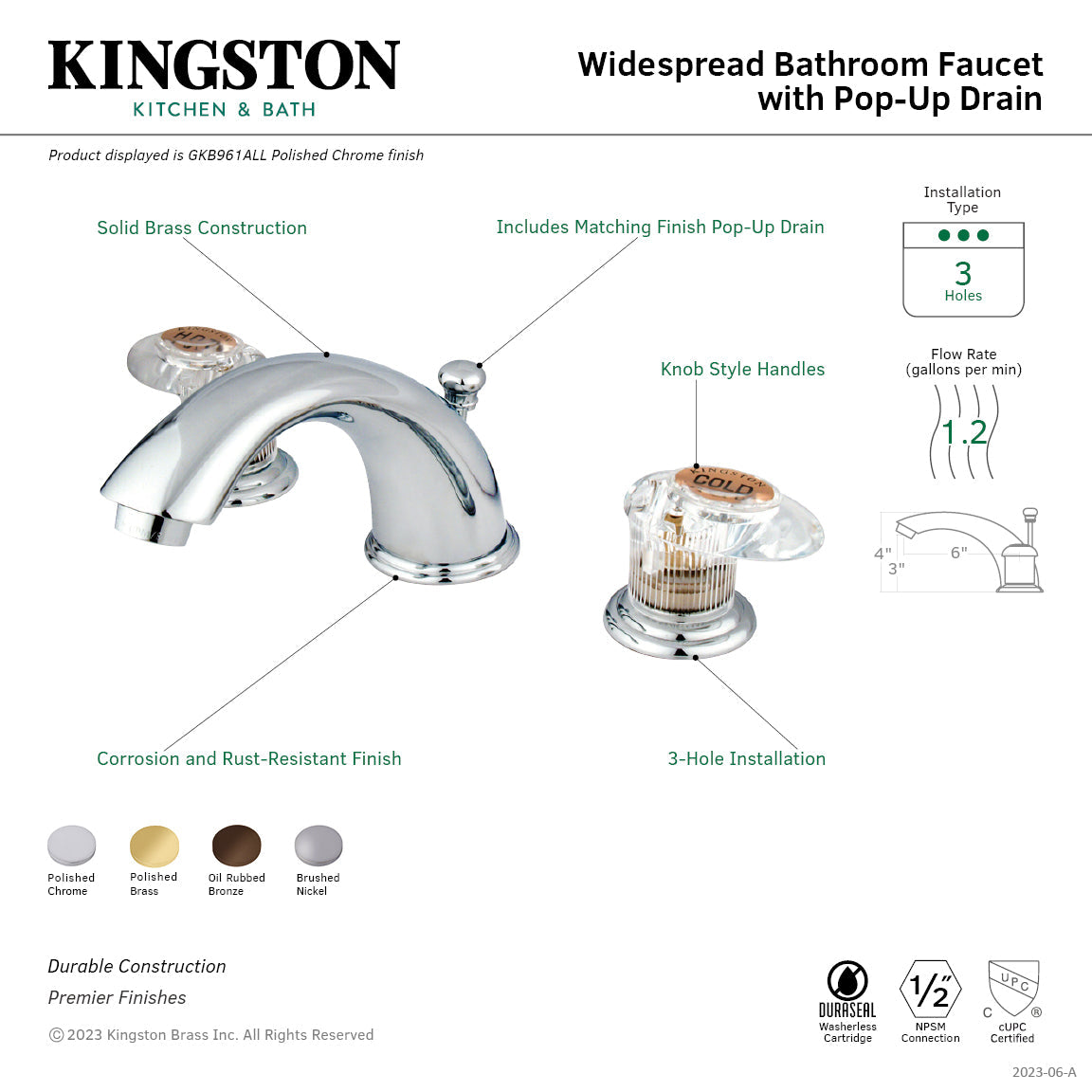 Victorian GKB961ALL Two-Handle 3-Hole Deck Mount Widespread Bathroom Faucet with Plastic Pop-Up, Polished Chrome