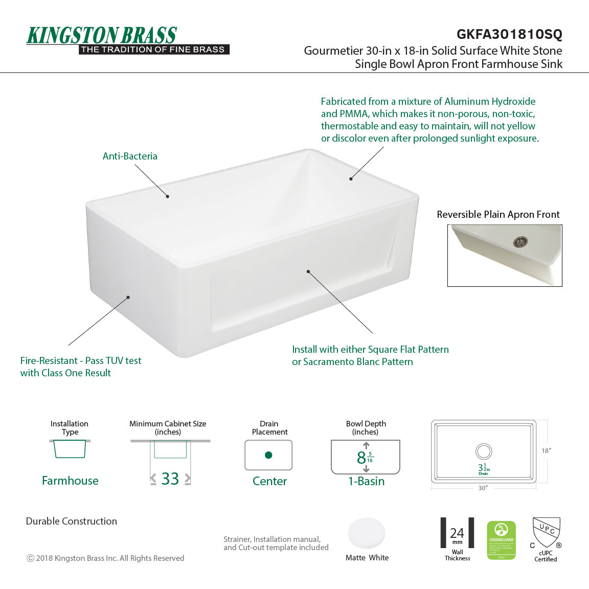 Arcticstone GKFA301810SQ 30-Inch Solid Surface White Stone Apron-Front Single Bowl Farmhouse Kitchen Sink, Matte White