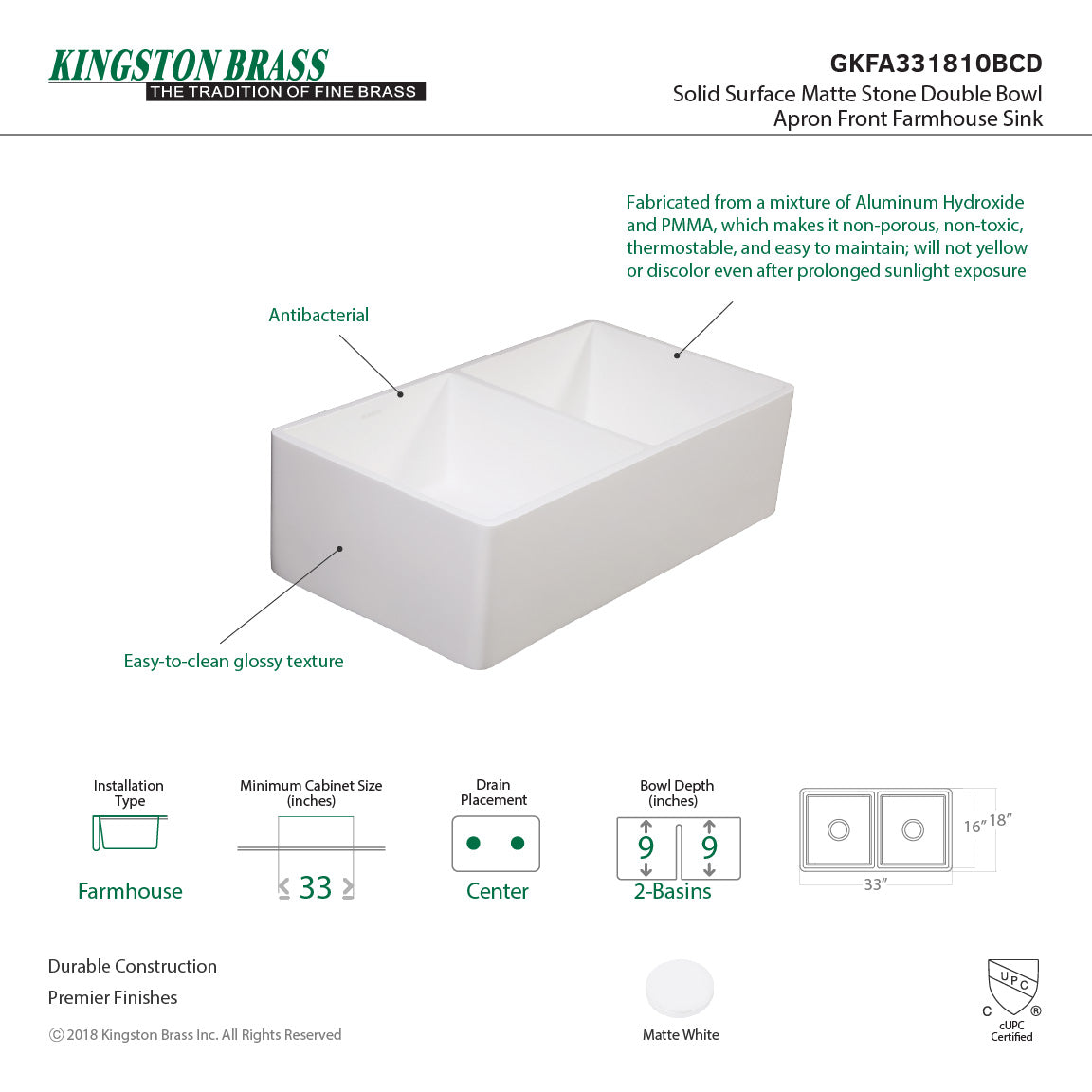 Arcticstone GKFA331810BCD 33-Inch Solid Surface White Stone Apron-Front Double Bowl Farmhouse Kitchen Sink, Matte White