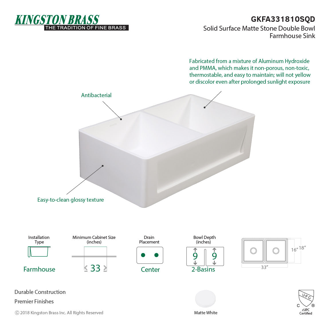 Arcticstone GKFA331810SQD 33-Inch Solid Surface White Stone Apron-Front Double Bowl Farmhouse Kitchen Sink, Matte White