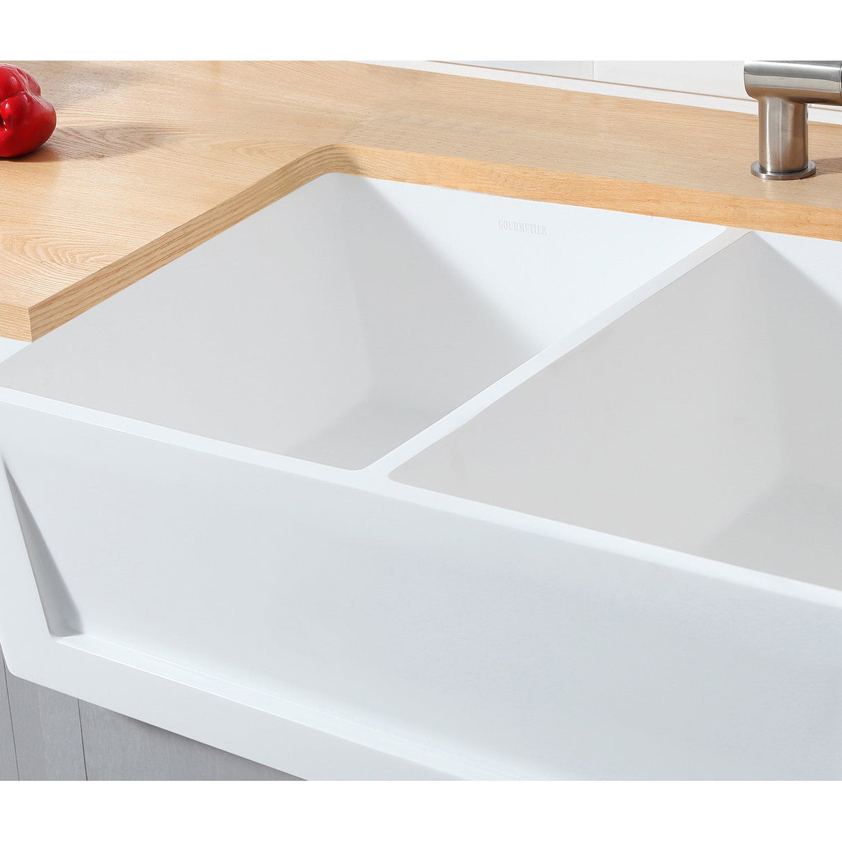 Arcticstone GKFA331810SQD 33-Inch Solid Surface White Stone Apron-Front Double Bowl Farmhouse Kitchen Sink, Matte White