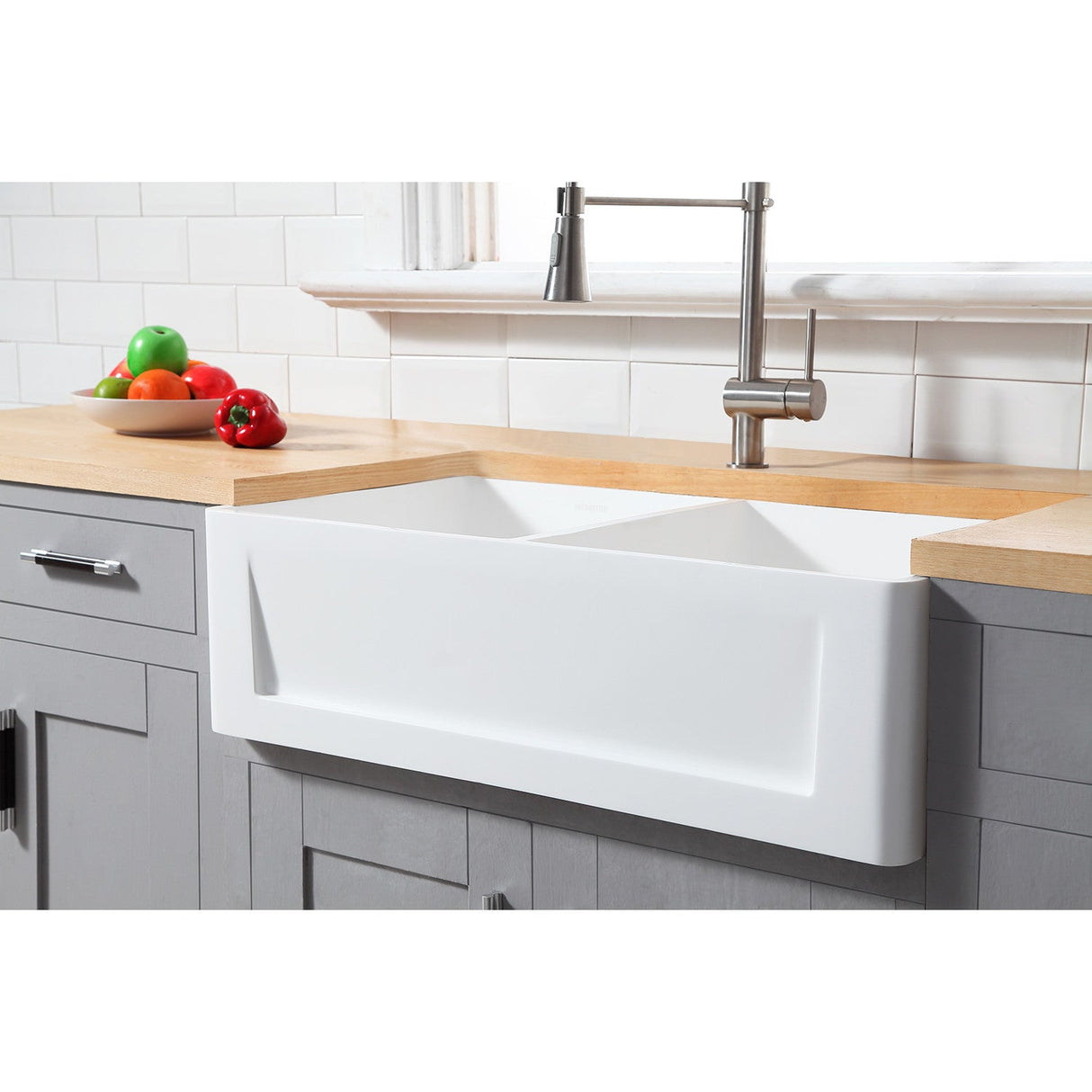 Arcticstone GKFA331810SQD 33-Inch Solid Surface White Stone Apron-Front Double Bowl Farmhouse Kitchen Sink, Matte White