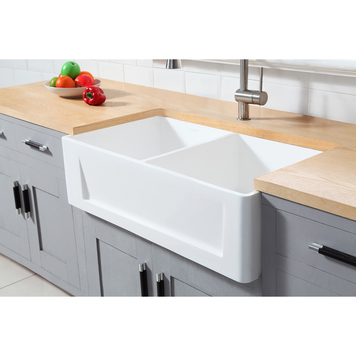Arcticstone GKFA331810SQD 33-Inch Solid Surface White Stone Apron-Front Double Bowl Farmhouse Kitchen Sink, Matte White