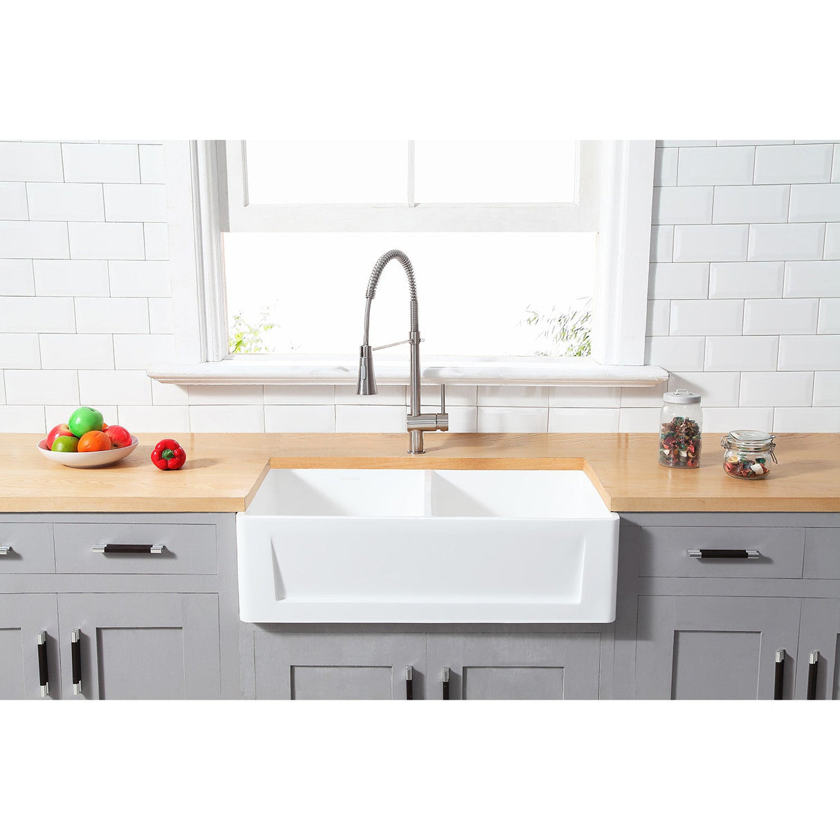 Arcticstone GKFA331810SQD 33-Inch Solid Surface White Stone Apron-Front Double Bowl Farmhouse Kitchen Sink, Matte White