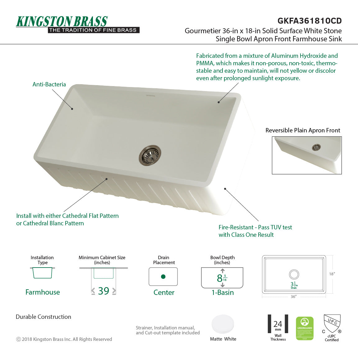 Arcticstone GKFA361810CD 36-Inch Solid Surface White Stone Apron-Front Single Bowl Farmhouse Kitchen Sink, Matte White