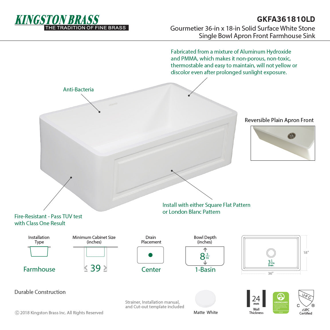 Arcticstone GKFA361810LD 36-Inch Solid Surface White Stone Apron-Front Single Bowl Farmhouse Kitchen Sink, Matte White