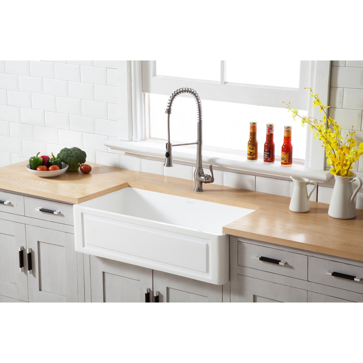 Arcticstone GKFA361810LD 36-Inch Solid Surface White Stone Apron-Front Single Bowl Farmhouse Kitchen Sink, Matte White