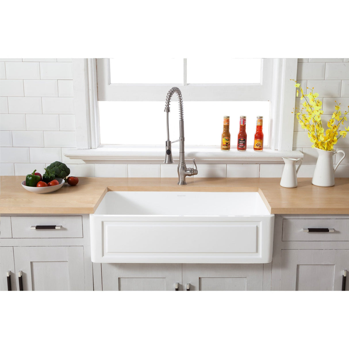 Arcticstone GKFA361810LD 36-Inch Solid Surface White Stone Apron-Front Single Bowl Farmhouse Kitchen Sink, Matte White