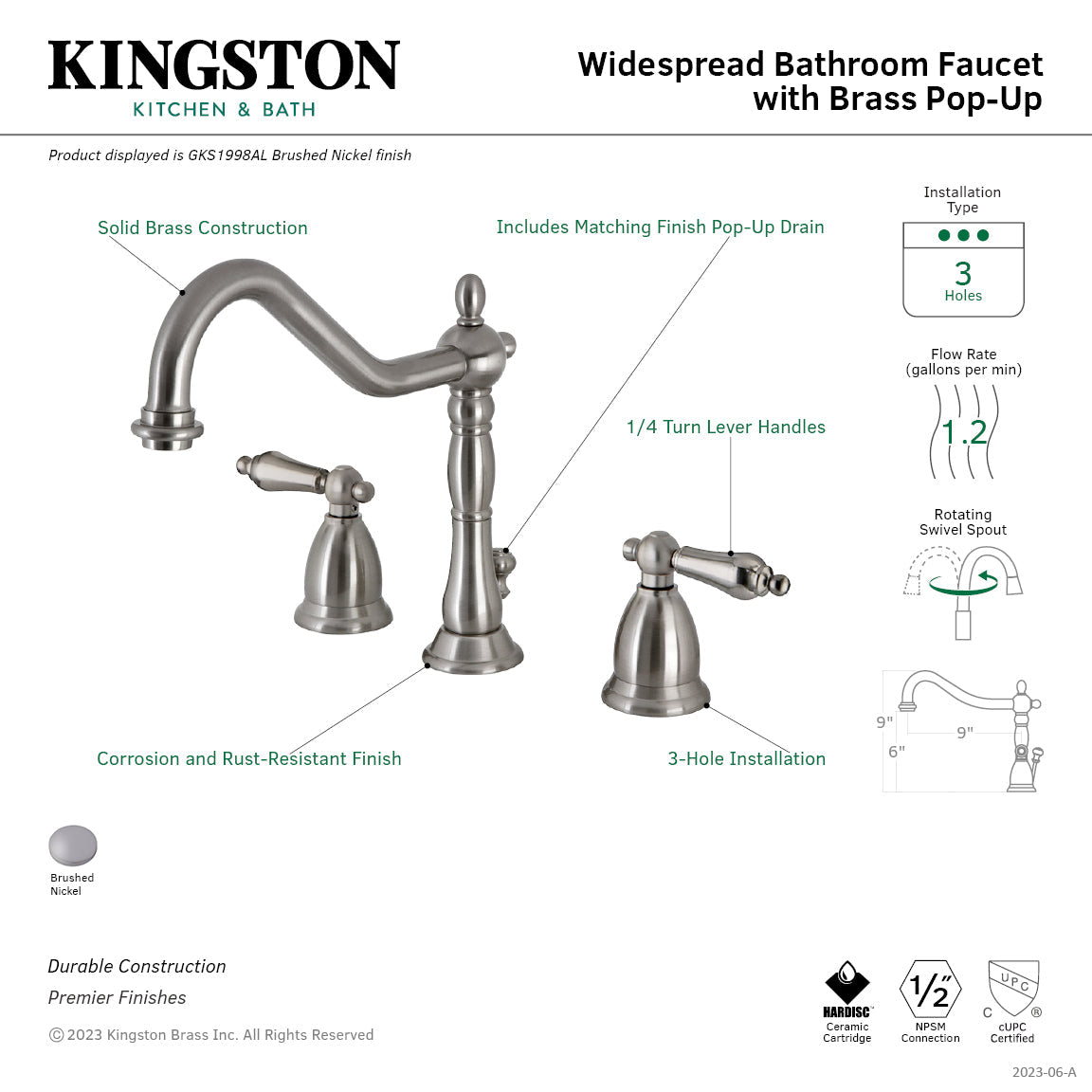 Heritage GKS1998AL Two-Handle 3-Hole Deck Mount Widespread Bathroom Faucet with Brass Pop-Up, Brushed Nickel