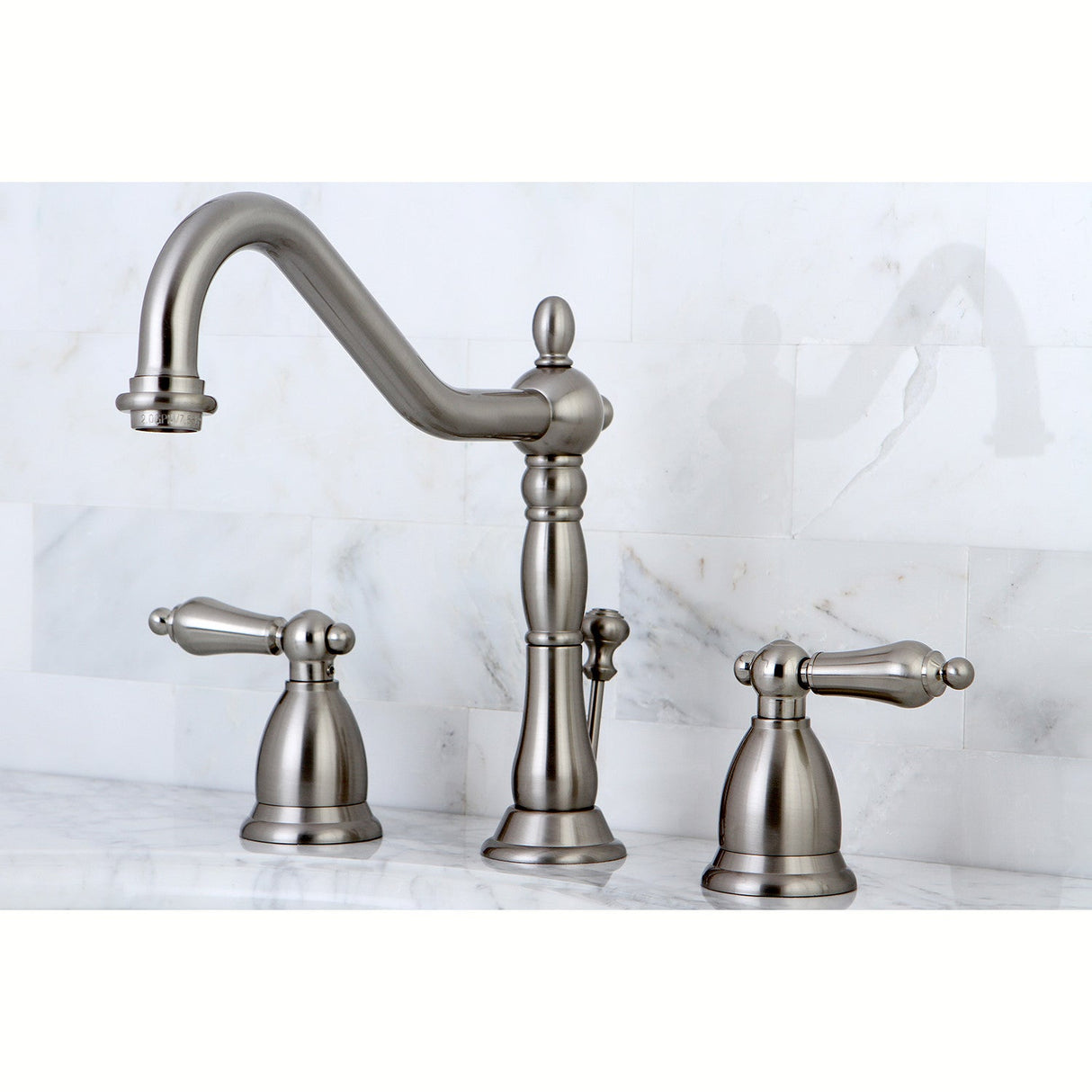 Heritage GKS1998AL Two-Handle 3-Hole Deck Mount Widespread Bathroom Faucet with Brass Pop-Up, Brushed Nickel