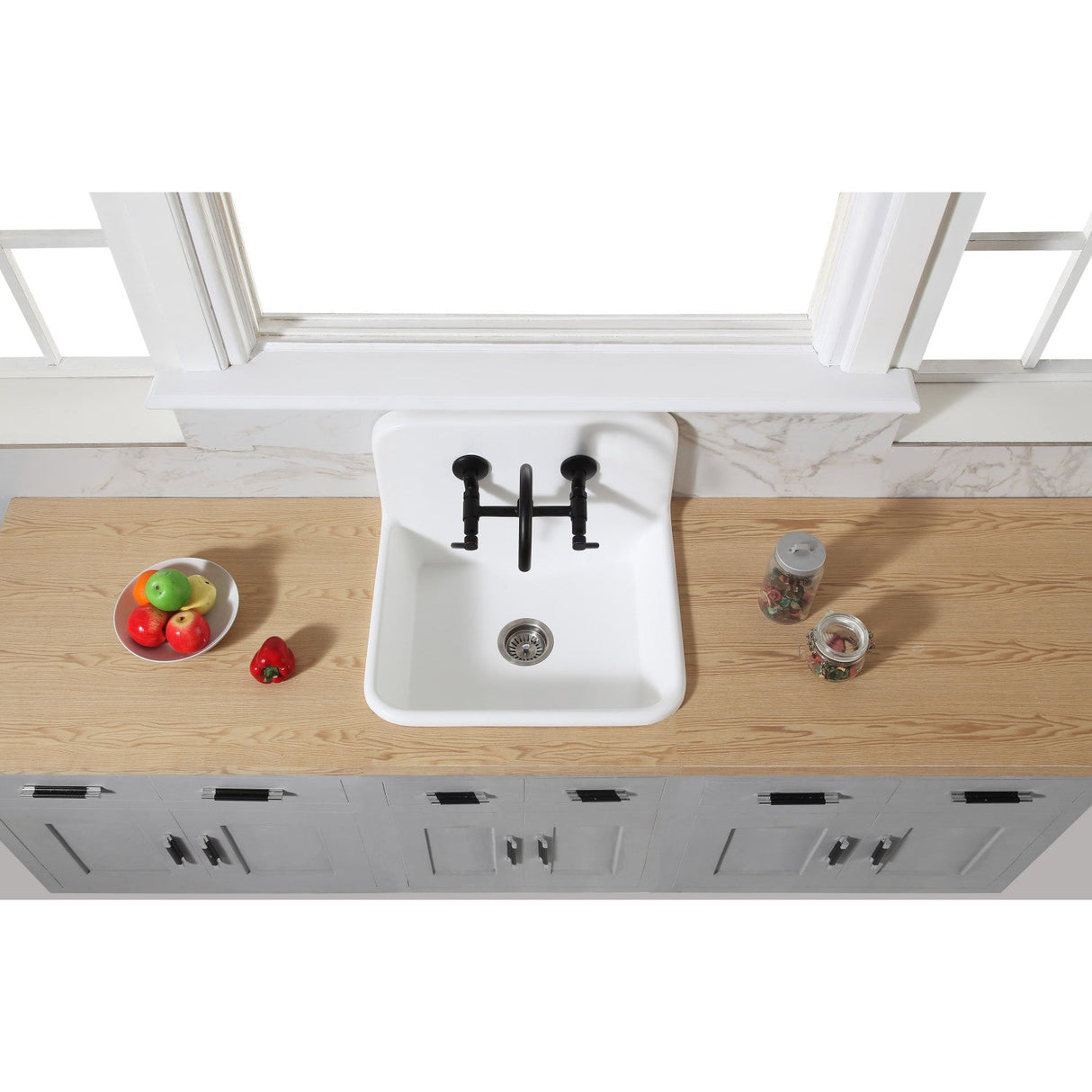 Arcticstone GKTA242119 24-Inch Solid Surface White Stone Apron-Front 2-Hole Single Bowl Top-Mount Kitchen Sink, Matte White