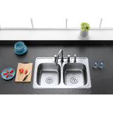 Studio GKTD33226 33-Inch Stainless Steel Self-Rimming 4-Hole Double Bowl Drop-In Kitchen Sink, Brushed