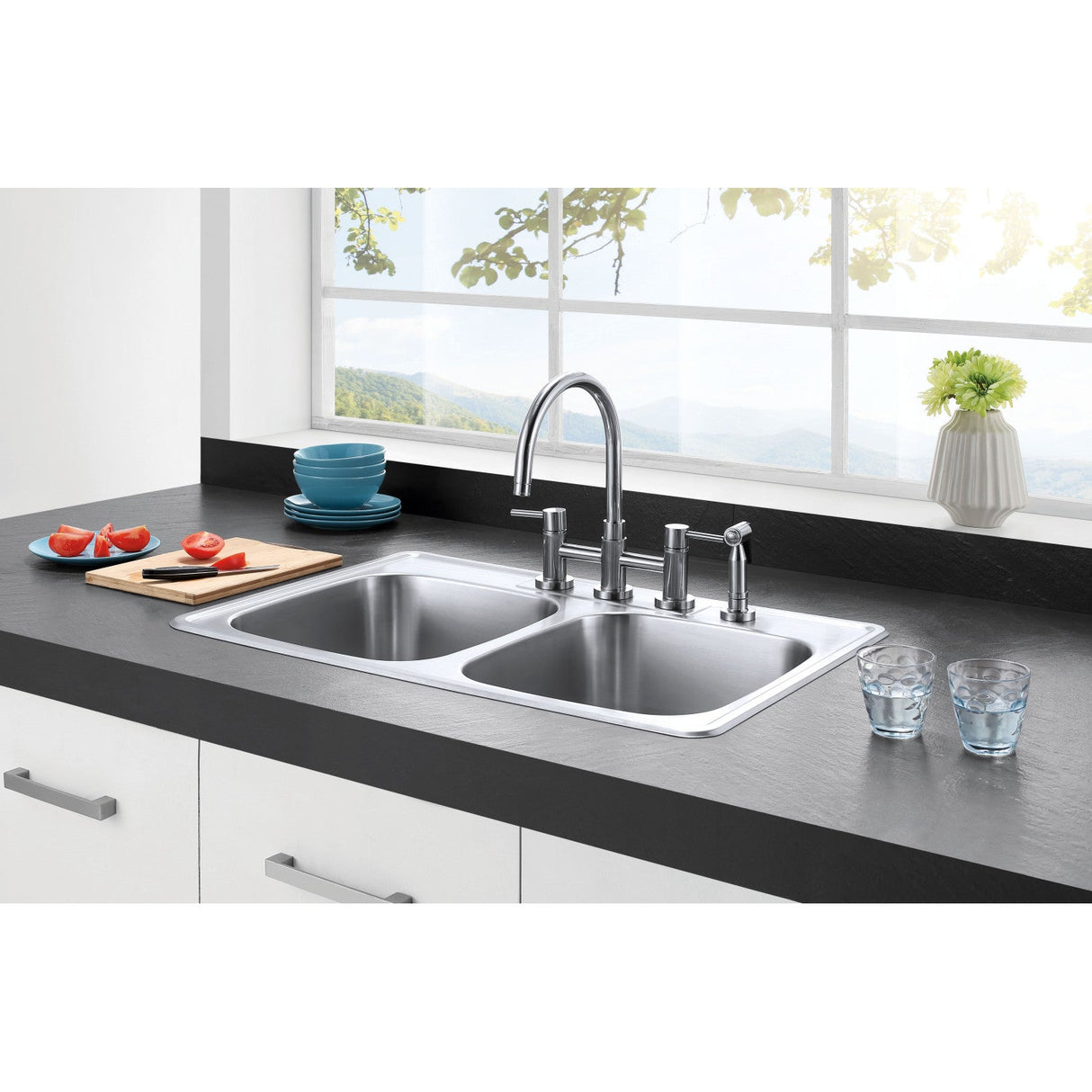 Studio GKTD33226 33-Inch Stainless Steel Self-Rimming 4-Hole Double Bowl Drop-In Kitchen Sink, Brushed