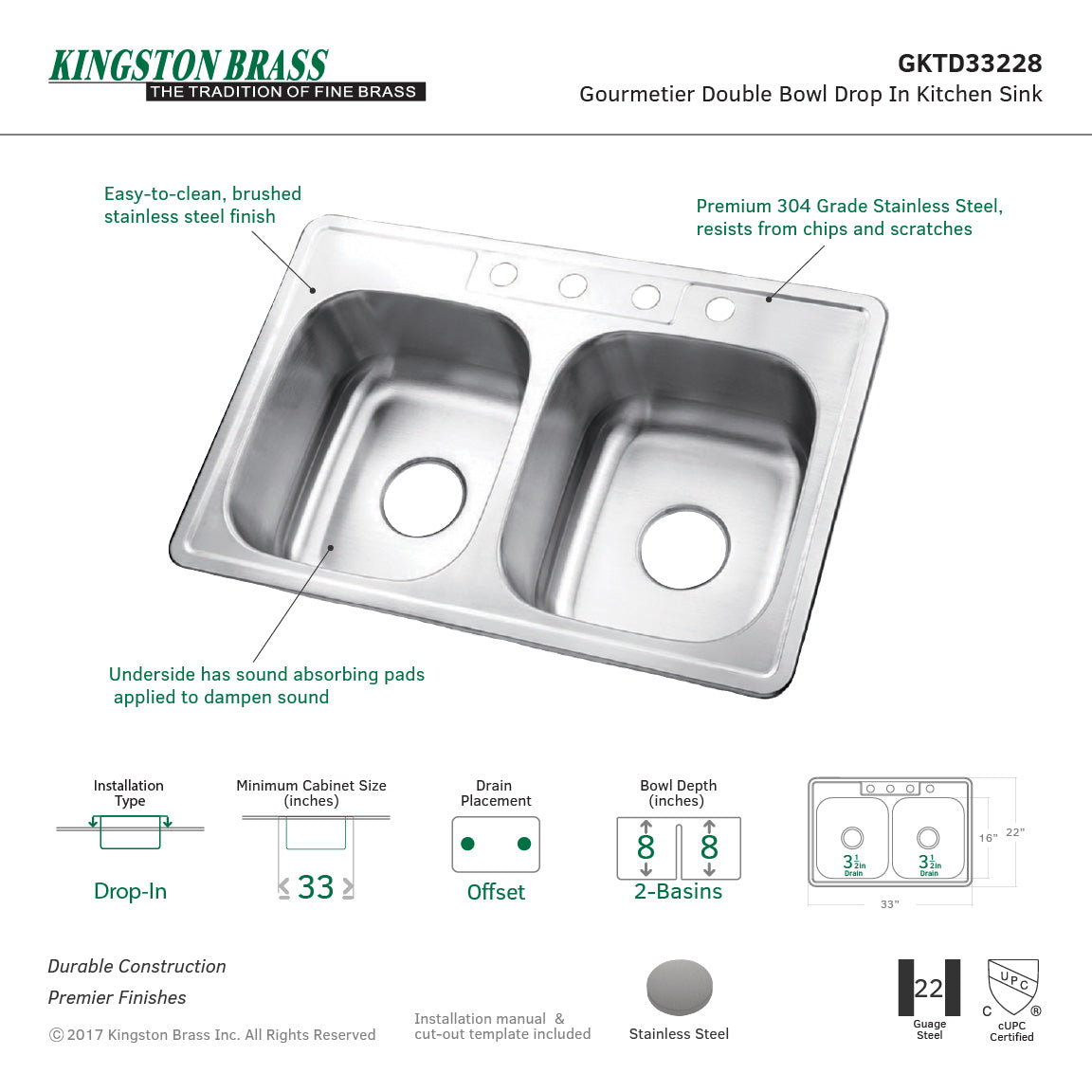 Studio GKTD33228 33-Inch Stainless Steel Self-Rimming 4-Hole Double Bowl Drop-In Kitchen Sink, Brushed