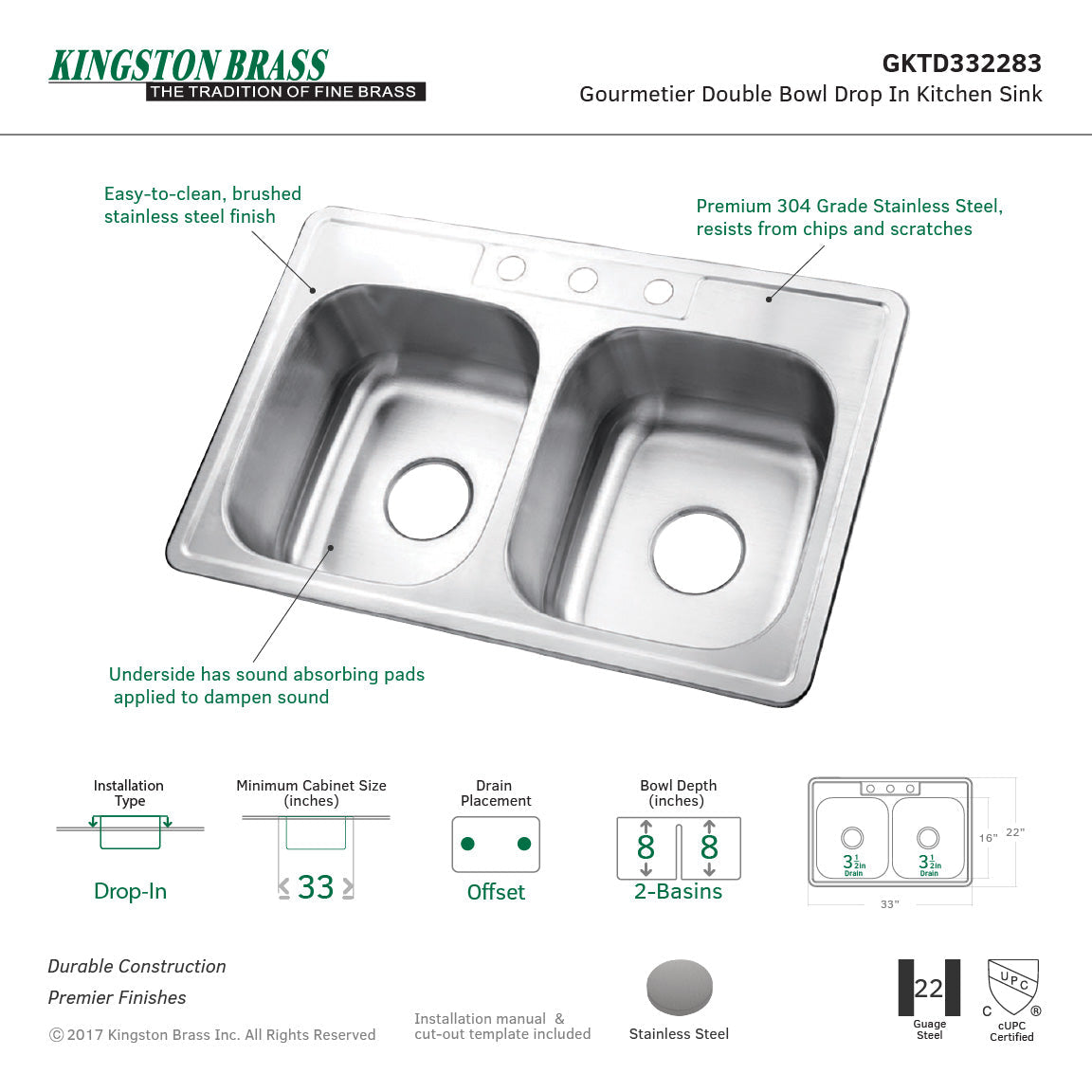 Studio GKTD332283 33-Inch Stainless Steel Self-Rimming 3-Hole Double Bowl Drop-In Kitchen Sink, Brushed