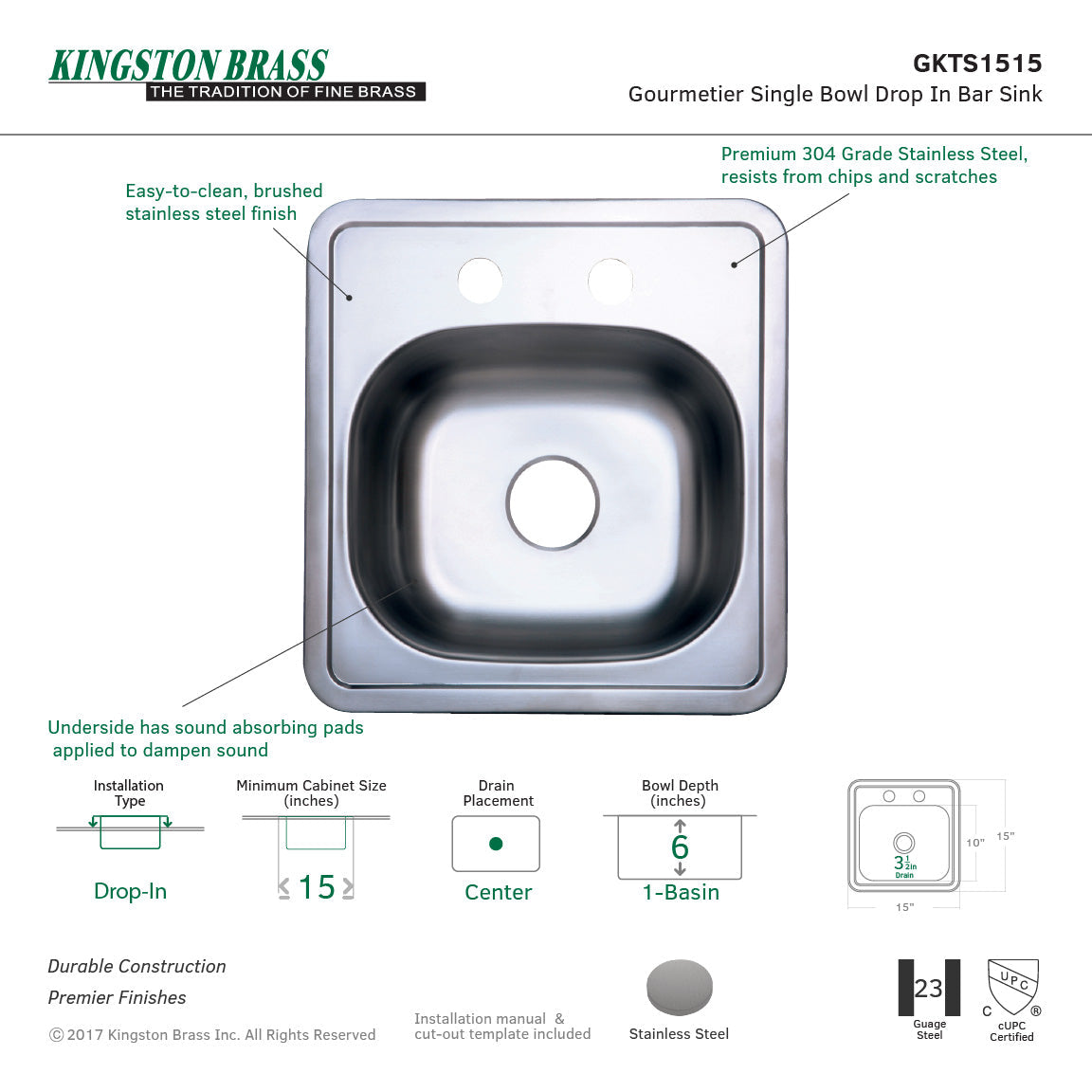 Studio GKTS1515 15-Inch Stainless Steel Self-Rimming 2-Hole Single Bowl Bar Sink, Brushed