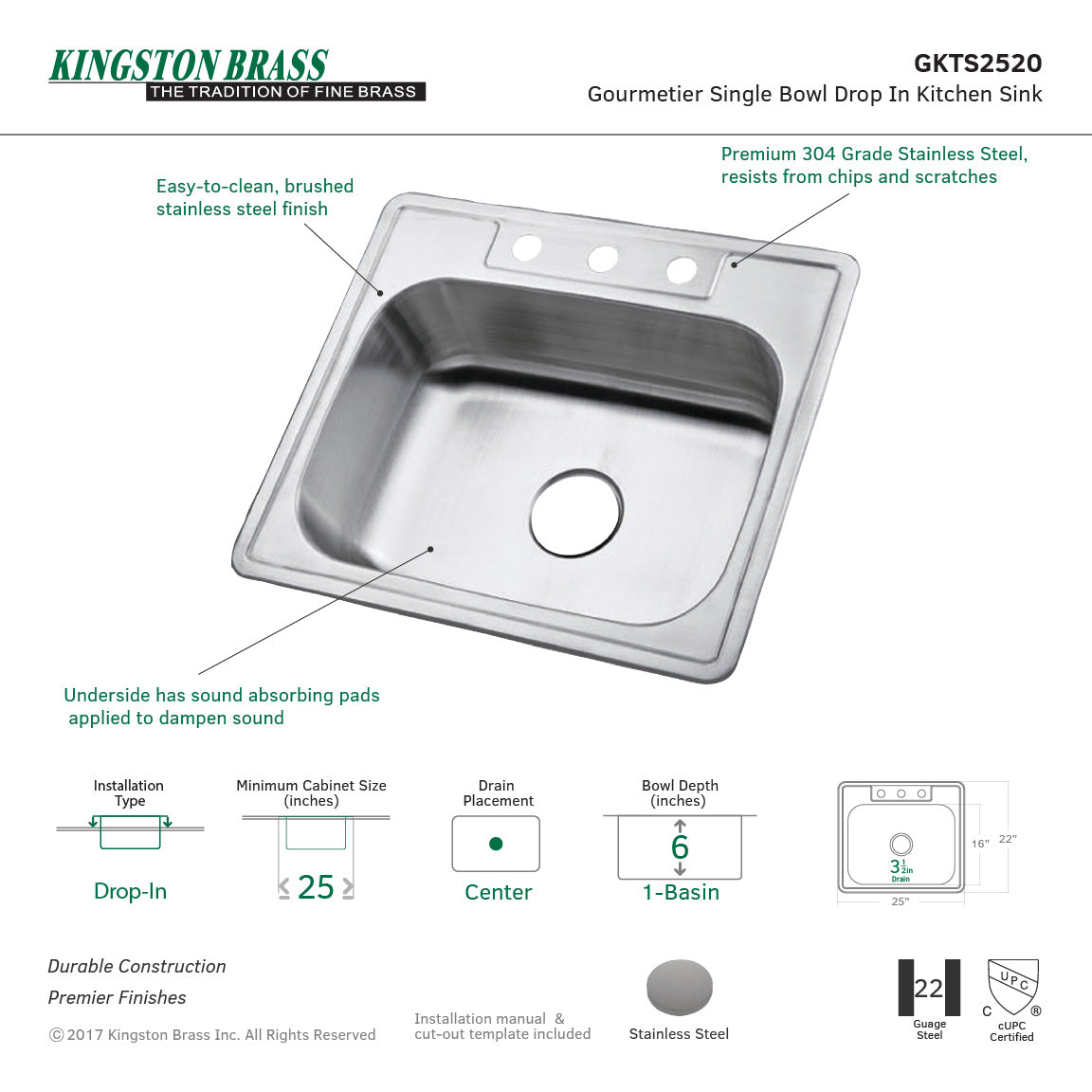 Studio GKTS2520 25-Inch Stainless Steel Self-Rimming 3-Hole Single Bowl Drop-In Kitchen Sink, Brushed