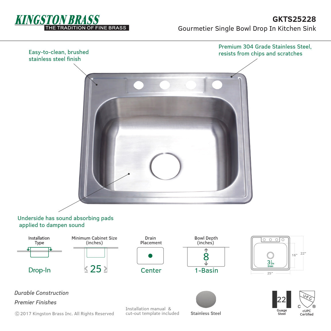 Studio GKTS25228 25-Inch Stainless Steel Self-Rimming 4-Hole Single Bowl Drop-In Kitchen Sink, Brushed