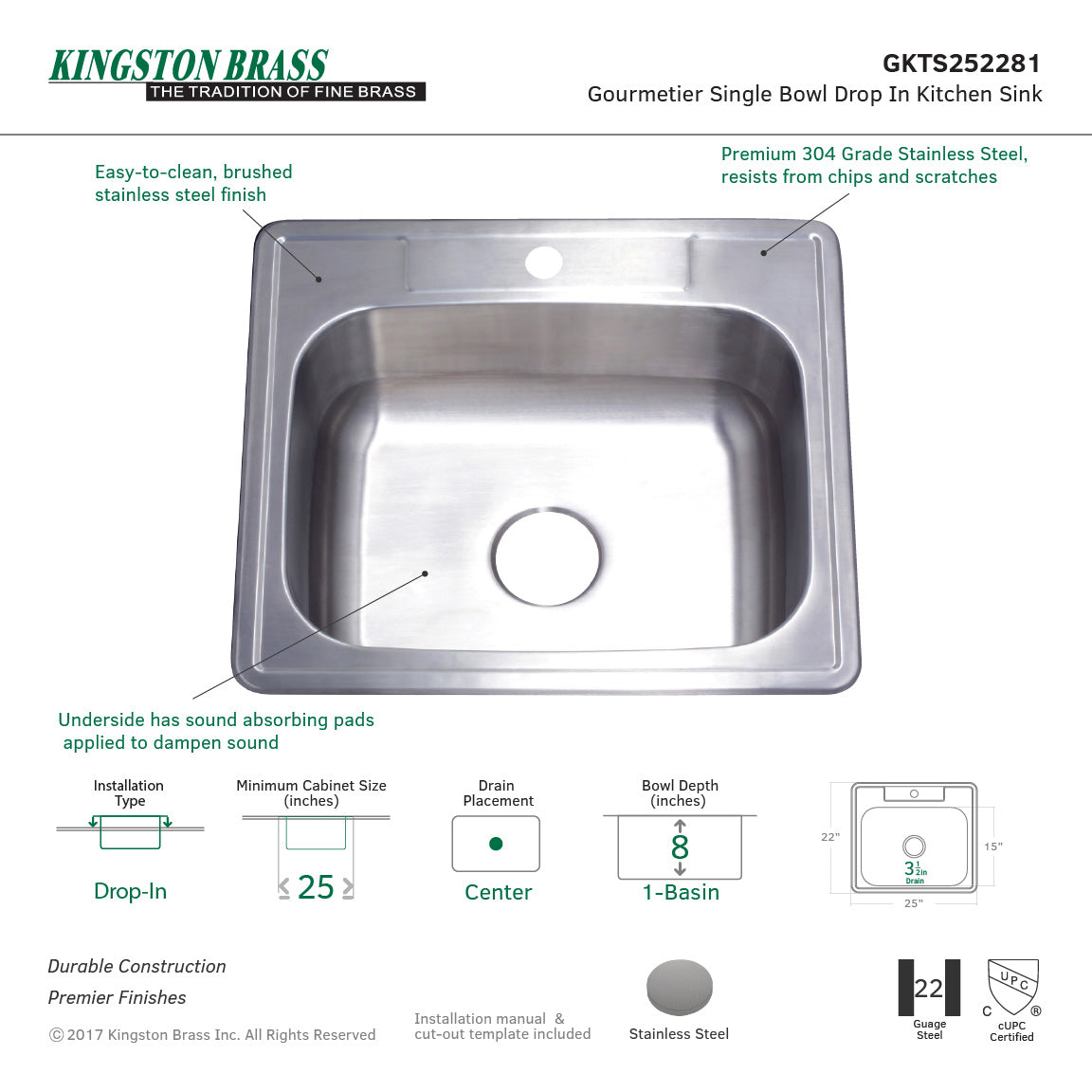 Studio GKTS252281 25-Inch Stainless Steel Self-Rimming 1-Hole Single Bowl Drop-In Kitchen Sink, Brushed