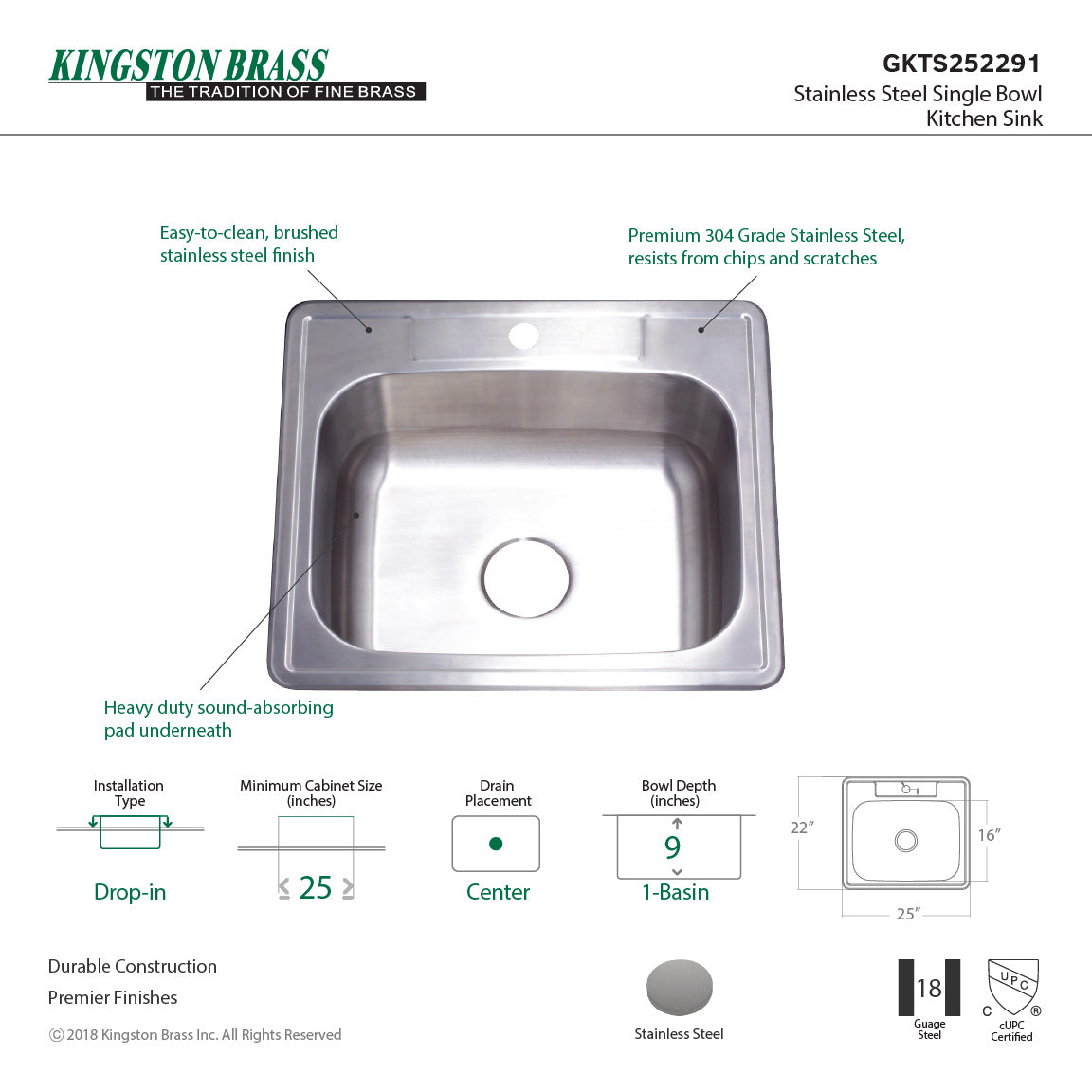 Studio GKTS252291 25-Inch Stainless Steel Self-Rimming 1-Hole Single Bowl Drop-In Kitchen Sink, Brushed