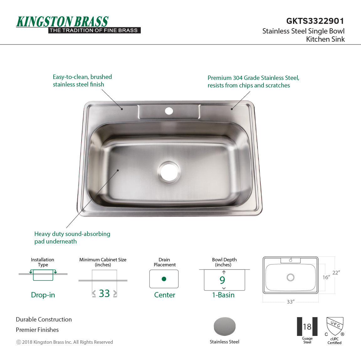 Studio GKTS3322901 33-Inch Stainless Steel Self-Rimming 1-Hole Single Bowl Drop-In Kitchen Sink, Brushed