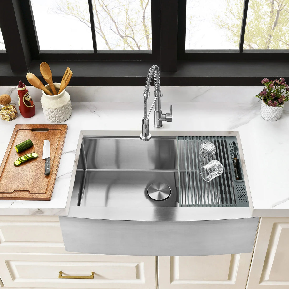 Kingston Sona GKUSF332210 - Uptowne 33-Inch Stainless Steel Apron-Front Single Bowl Farmhouse Kitchen Sink with 6-Piece Kitchen Accessory Set, Brushed Stainless Steel
