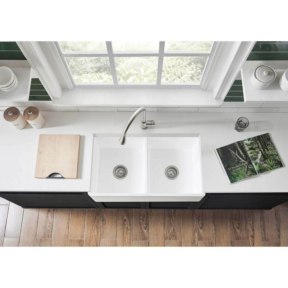 Arcticstone GPFA331810BCD 33-Inch Solid Surface White Stone Apron-Front Double Bowl Farmhouse Kitchen Sink, Matte/Glossy White