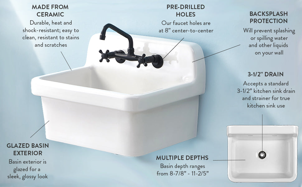 Doriteal GPKWS301918 30-Inch Ceramic Wall Mount Utility Sink, Glossy White