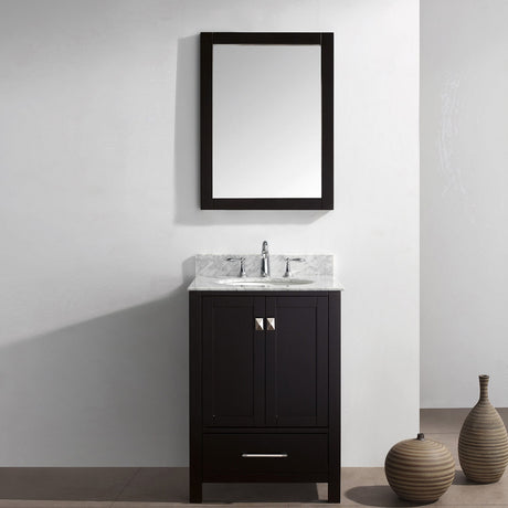 Virtu USA Caroline Avenue 24" Single Bath Vanity with White Marble Top and Round Sink with Brushed Nickel Faucet with Matching Mirror