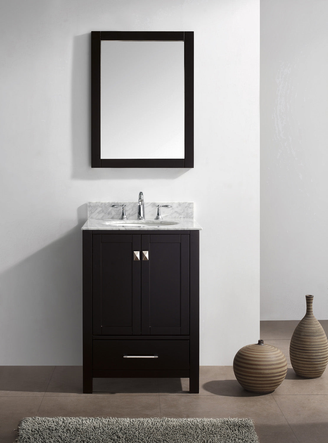 Virtu USA Caroline Avenue 24" Single Bath Vanity with White Marble Top and Round Sink with Polished Chrome Faucet with Matching Mirror
