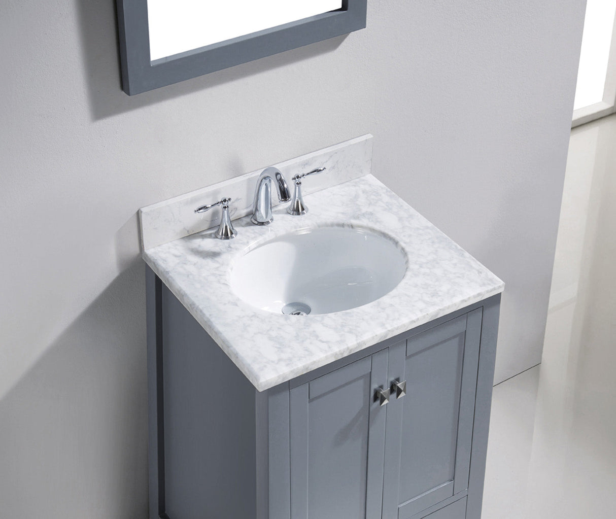 Virtu USA Caroline Avenue 24" Single Bath Vanity with White Marble Top and Round Sink with Polished Chrome Faucet with Matching Mirror