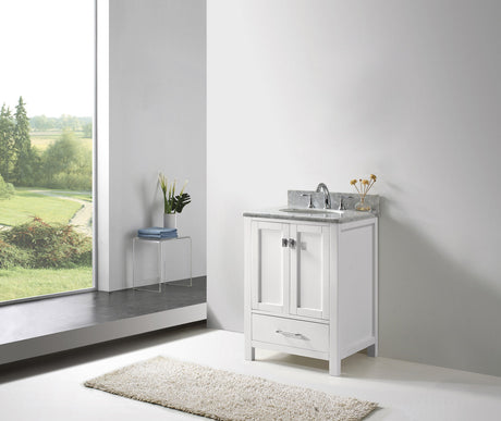 Virtu USA Caroline Avenue 24" Single Bath Vanity in White with White Marble Top and Round Sink with Polished Chrome Faucet