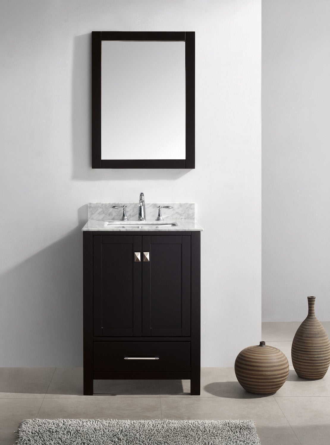 Virtu USA Caroline Avenue 24" Single Bath Vanity with White Marble Top and Square Sink with Brushed Nickel Faucet with Matching Mirror
