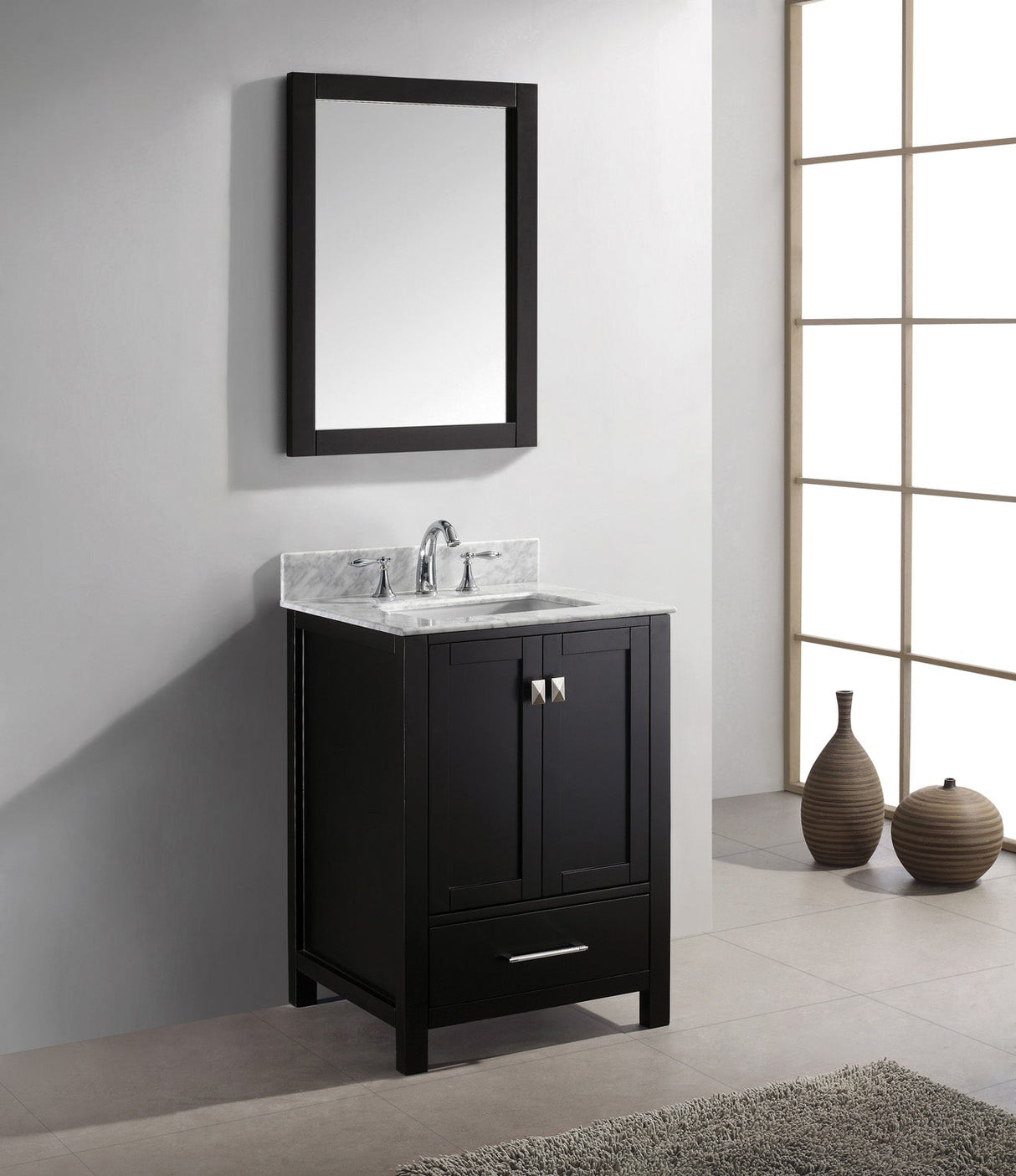 Virtu USA Caroline Avenue 24" Single Bath Vanity with White Marble Top and Square Sink with Brushed Nickel Faucet with Matching Mirror
