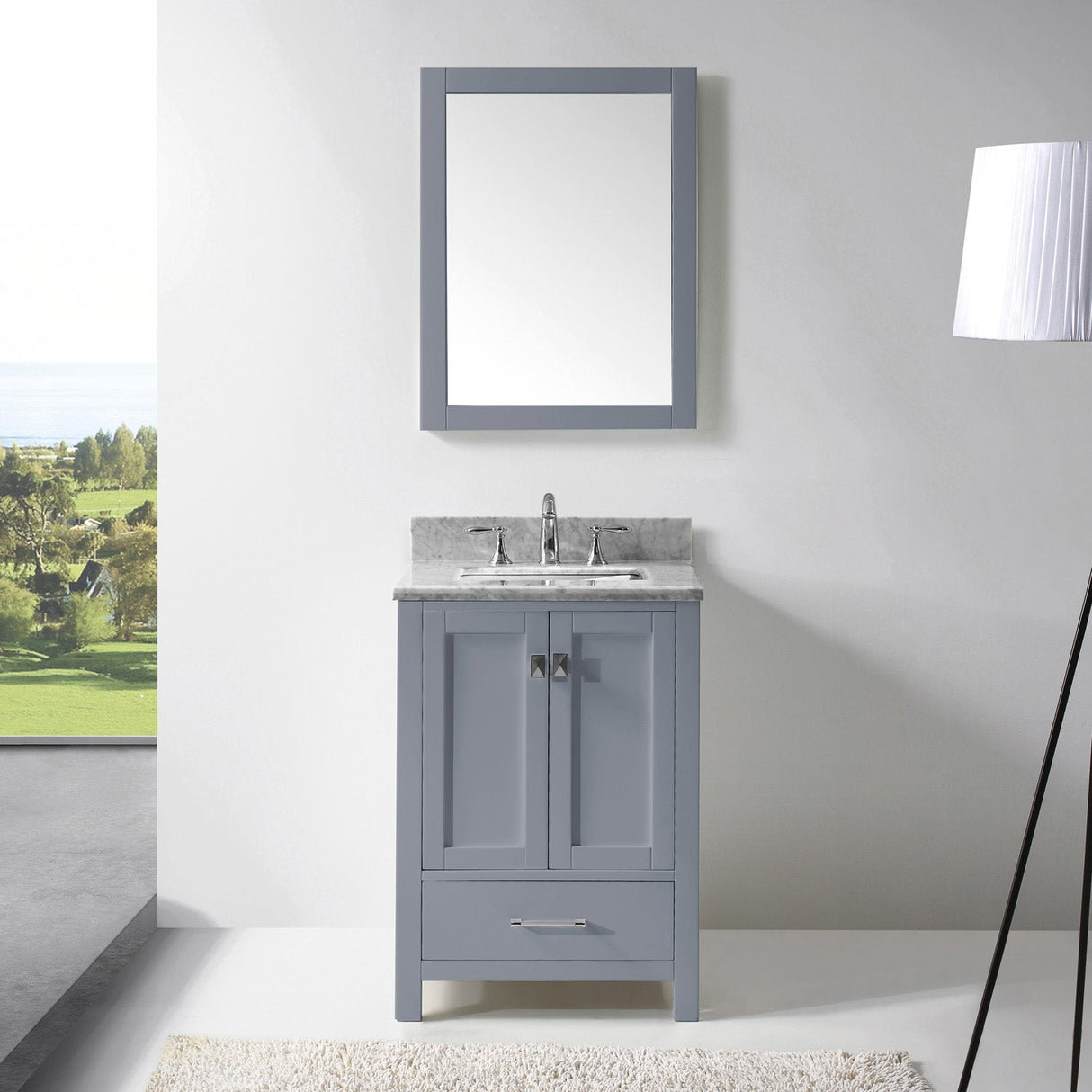 Virtu USA Caroline Avenue 24" Single Bath Vanity with White Marble Top and Square Sink with Brushed Nickel Faucet with Matching Mirror