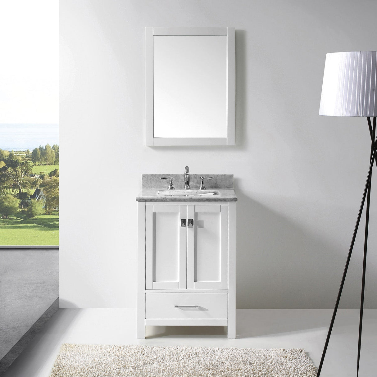 Virtu USA Caroline Avenue 24" Single Bath Vanity with White Marble Top and Square Sink with Brushed Nickel Faucet with Matching Mirror