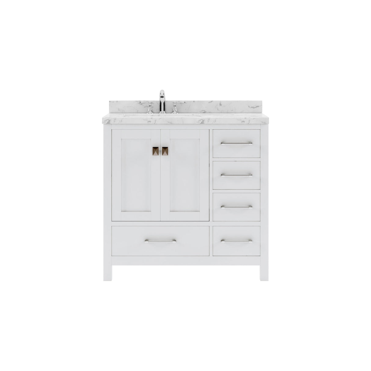 Virtu USA Caroline Avenue 36" Single Bath Vanity with White Quartz Top and Square Sink with Polished Chrome Faucet with Matching Mirror